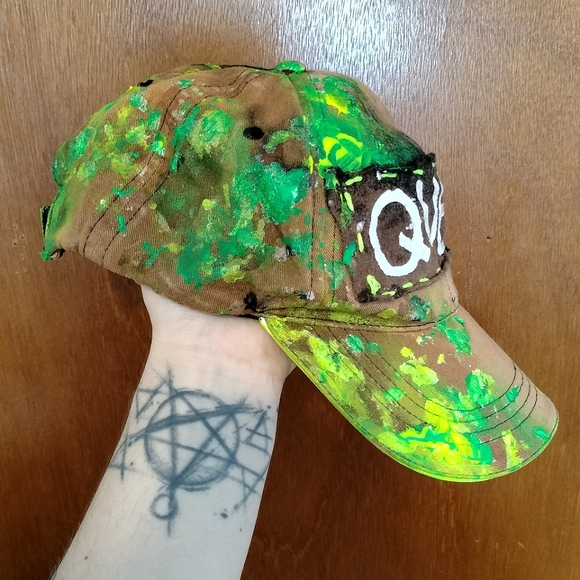 QUEER Bleach Dyed Splatter Painted Hat (lime green and neon yellow) - Picture 4 of 8